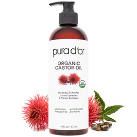 PURA D'OR 16 Oz ORGANIC Castor Oil - 100% Pure USDA Certified Cold Pressed, Hexane Free Eyelash & Eyebrow Serum - For Fuller, Thicker Lashes & Brows - Skin & Hair Moisturizer - Bulk Size