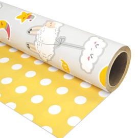 LDGOOAEL Mini Short Wrapping Paper Roll - Reversible Design (17" X 32.8 Feet) - Baby Yellow Polka dots/Cute Sheep for holiday, Christmas, Birthday, Baby Shower