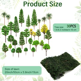 30 Pcs Mixed Model Trees 1.6-6.3 Inch Ho Scale Bushes with 20 x 5.9 Inch Dried Moss Table Runner Diorama Supplies Miniature Trees Plastic Trees for Model Train Scenery, DIY Crafts, Building Model