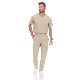 MediChic Men Scrubs Set - Stretch V-Neck Scrub Top with 7-Pocket Pants, Anti-Wrinkle, Yoga Waistband Workwear Scrubs for Men