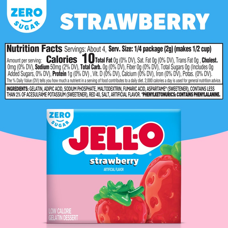 Jell-O Strawberry Sugar-Free Gelatin, 0.30 Ounce (8.5g), (Pack of 3)