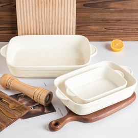 Sweejar Casserole Dishes for Oven, Ceramic Bakeware Set of 3, Lasagna Pan Deep with Handle, Rectangular Baking Pan Set, 9x13 Baking Dish for Cooking, Banquet and Daily Use (New Beige)