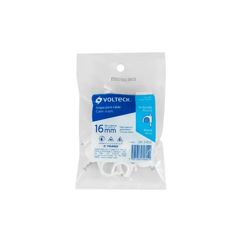 Bolsa Con 20 Grapas Blancas Para Cable Redondo 16mm Volteck