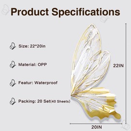 LLBWKC 20 Sets Butterfly Flower Wrapping Paper, Waterproof Butterfly Flower Bouquet Wrapping Paper, OPP Clear Floral Wraps for Florist Supplies, Gift Packaging, DIY Craft 20x22 in (Gold Butterfly)