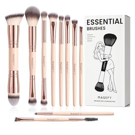 MAGEFY Set de Brochas para Maquillaje Profesional de 10 Piezas, Brochas de Maquillaje de Aluminio de Doble Punta, Juego Multifuncional con Estuche de Regalo Exclusivo para Base, Polvo, Ojos y Rostro (Champán)