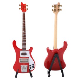 Wooden Miniature Guitar Red Mini Bass Replica Mini Musical Instrument Model with Stand for Home Decoration