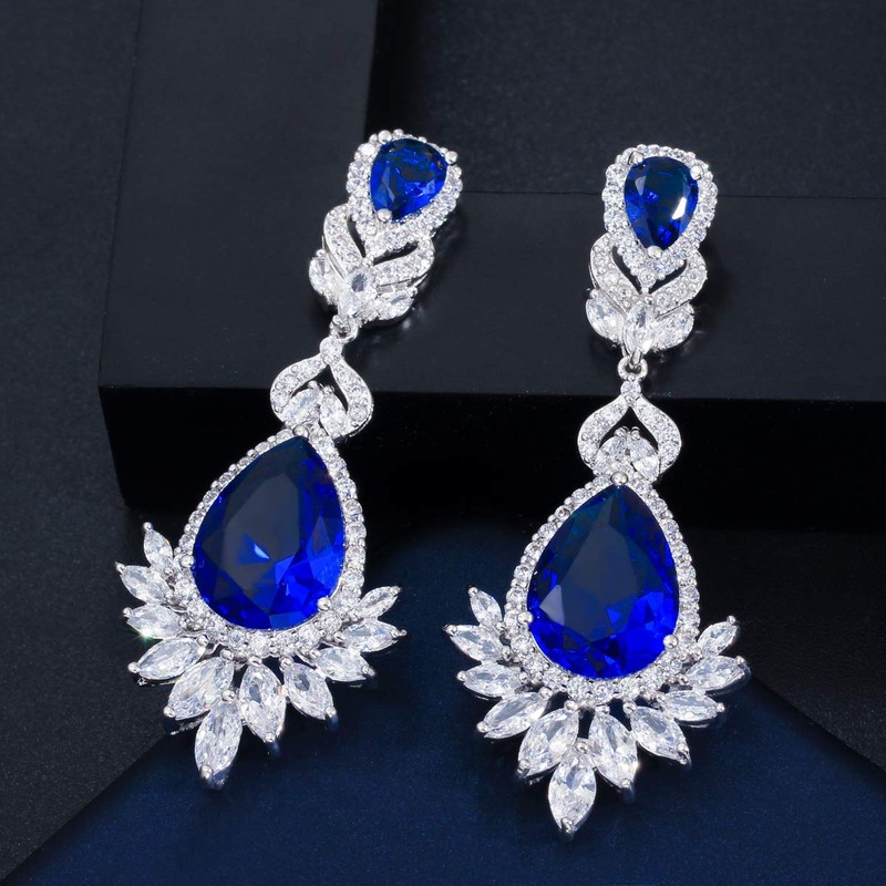 CWWZircons Big Blue Long Dangle Wedding Earrings for Brides Waterdrop