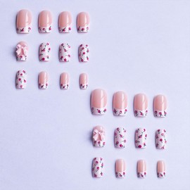 Cute Pink Press on Nails Medium Short Square Fake Nails French Tip Valentine's Day Acrylic Nails Press on Flower False Nails with Bow Charms Design Glossy Stick on Nails for Women Girls 24Pcs