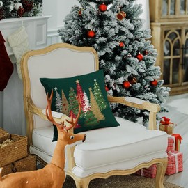 RABUSOFA Christmas Pillow Covers 18x18 Set of 2 Velvet Green Christmas Tree Decorations Cushion Covers Xmas Winter Decorative Throw Pillows Christmas Decor for Couch Holiday Soft Gold