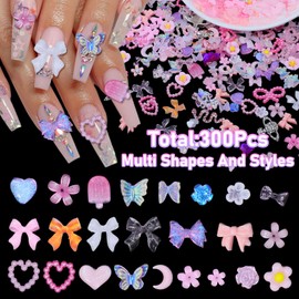 320Pcs 10Styles 3D Nail Gems and Rhinestones, Assorted 3D Nail Art Charms, Pink Planet Snake Cross Nail Rhinestones Charms, Mix Pink Butterfly Heart Bows Charms for Nails, Nail Art DIY Accessories