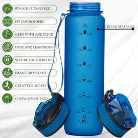 VINCEPLUS 32oz Titan Water Bottle with Time-Marked, 2 Lids (Fast Flow & Straw) - BPA/BPS Free, Leak-Proof, Airtight, Reusable Water Bottle - Perfect for Sports, Hiking (Blue)