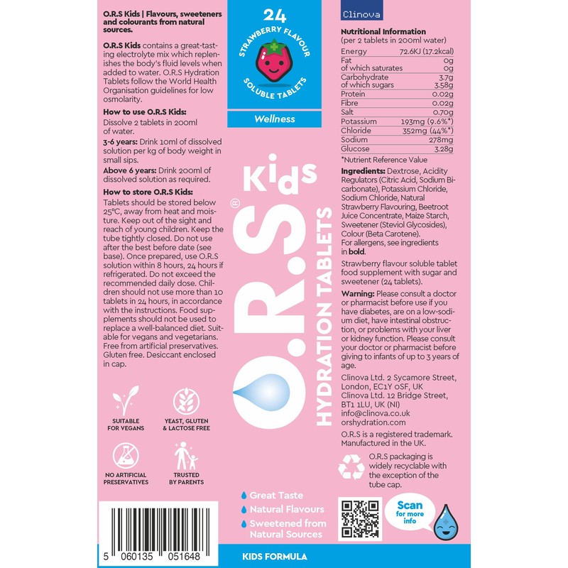 O.R.S Hydration Tablets with Electrolytes for Kids, Vegan, Gluten and
