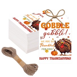 SerpizePaty 50Pcs Happy Thanksgiving Gift Tags With String, 3.3x2.1 Inch So Very Thankful For You Tags, Gobble Thanksgiving Name Tags With Turkey Pumpkin Leaf for Autumn Holiday Party Favors DIY Craft