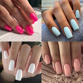 4 Light Color Press on Nails 4 Packs (96PCS) Short Press on Nails Square Gel Fake Nails Kit Natural Full Cover False Nails with Solid Color Designs Reusable Glue on Nails for Women Girls
