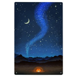 Lantern Press 6x9 Inch Wood Sign, Ready to Hang Wall Decor, Camping Scene, Tent and Night Sky, Mid-Century Style