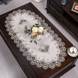ZMNSZBDBeige Embroidered Lace Tablecloth Lace Coffee Table Cover Oval Hollow Fabric Tablecloth, Washing Machine, Dryer, Refrigerator Top Dust Cover (27.5''X51'')