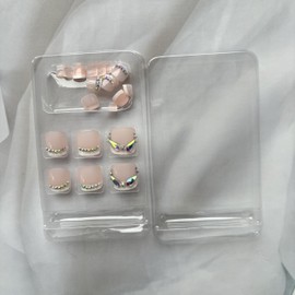 French Tip Press on Toe Nails Pink Fake Toe nails with Rhinestone Tip Designs False Toenails Square Glue on Toenails Shine Stick on Toe Nails Glossy Acrylic Toenails Full Cover Artificial Toenails