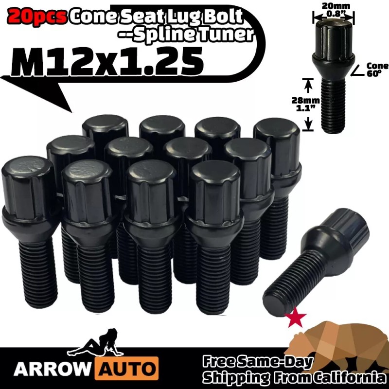 ARROW 20x Black M12x1.25 Cone Seat Spline Bolt 28mm Shank
