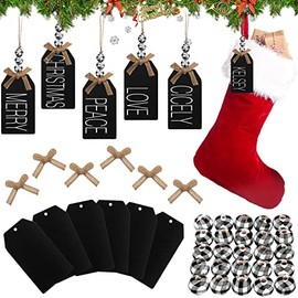 12 Set Christmas Stocking Name Tags Including Chalkboard Tags Wood Beads and Bow, DIY Name Sign Christmas Ornaments for Christmas Stockings Home Farmhouse Decor (Black and White Plaid, 3.1 x 1.9 Inch)