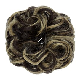 OMGREAT 1Pack Messy Hair Bun Hair Scrunchies Extension Curly Wavy Fake Hair Buns Messy Synthetic Chignon for Women Updo Hairpiece Dark Brown Mix Ash Blonde