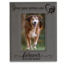 KATE POSH - Your Paw Prints are Forever in our Hearts. Engraved Leather Picture Frame. Memorial Pet Gift, Loss of Dog and Cat, Pet sympathy gift, In memory of (4" x 6" Vertical)