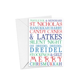 Chrismukkah Card | Merry Christmas and Happy Hanukkah Card | Holiday Cheer | Mistletoe and Menorahs, Set of 10 Cards and Envelopes (SINGLE A2 CARD, 4.25X5.5)