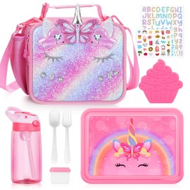 JYPS Unicorn Bento Box for Kids with Insulated Lunch Bag, Lunch box Set with kids water bottle,Sauce Container,Ice Pack,Utensils,Perfect Lunch Container for Girls and Toddlers Back to School Age 7-15