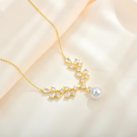 FATACI Women Women Necklace 925 Sterling Silver 10MM Mother of Pearl Necklace 5A Cubic Zirconia with Gold Plated for Mom Mother Wife Daughter Jewelry Gifts