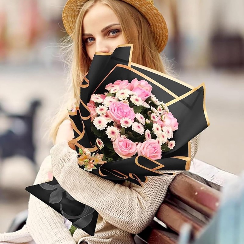 Black Flower Bouquet Wrapping Paper 20 Sheets Gold Edge Flower