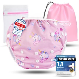 KIDVERSE Swimming Nappy, Baby Swimming Trunks, 0-3 Years, Skin-Friendly Swim Nappies, Reusable & Absorbent, Size Adjustable Swimming Nappy, Baby Swimming Trunks, Carry Bag & Laundry Net (Pink Unicorns