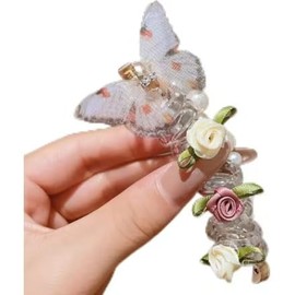 Flower Telephone Wire Hair Bands Rose Flower Hair Ties with Pearls Floral Spiral Hair Ties Flower Pearl Ponytail (White butterfly)