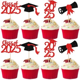 36 Stück Class of 2023 Cupcake-Topper Glitzer 2023 Abschlusskappe Cupcake Picks Diplom Kuchen Dekorationen für 2023 Abschlussfeier Thema Party Zubehör Rot