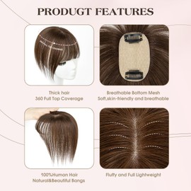 TANJET Hair Toppers for Women, Dark Blonde# Clip in Real Human Hair Toppers Straight with Bangs Silk Base(27# 12Inch)