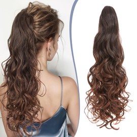 TESS 24'' Curly Ponytail Extensions, 210g Claw in Long Ponytail Extension, Hair Pieces for Women, Dark Brown to Auburn Brown
