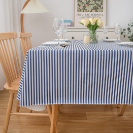 LIBERECOO Vinyl Tablecloth with Flannel Backing Blue Stripe Waterproof Tablecloths Picnic Table Cover Flannel Backed Plastic Table Cloth for Indoor & Outdoor - Square 60 X 60 Inch