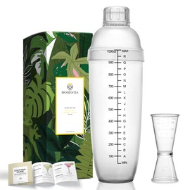 Homestia 2Pcs Plastic Cocktail Shaker with Double Jigger Set, 33oz/1000cc Clear Plastic Bottle Boba Tea Shaker Cup with Scales, Transparent Hand Drink Mixer Cocktail Measuring Cup for Bar Tools