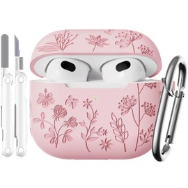 DXITROMI for Airpods 3rd Generation Case - Flower Engraved Soft Silicone Case Compatible with Airpods Case 3rd Generation - Cute Case for Airpod 3rd Generation with Cleaner Kit & Keychain (Pink)