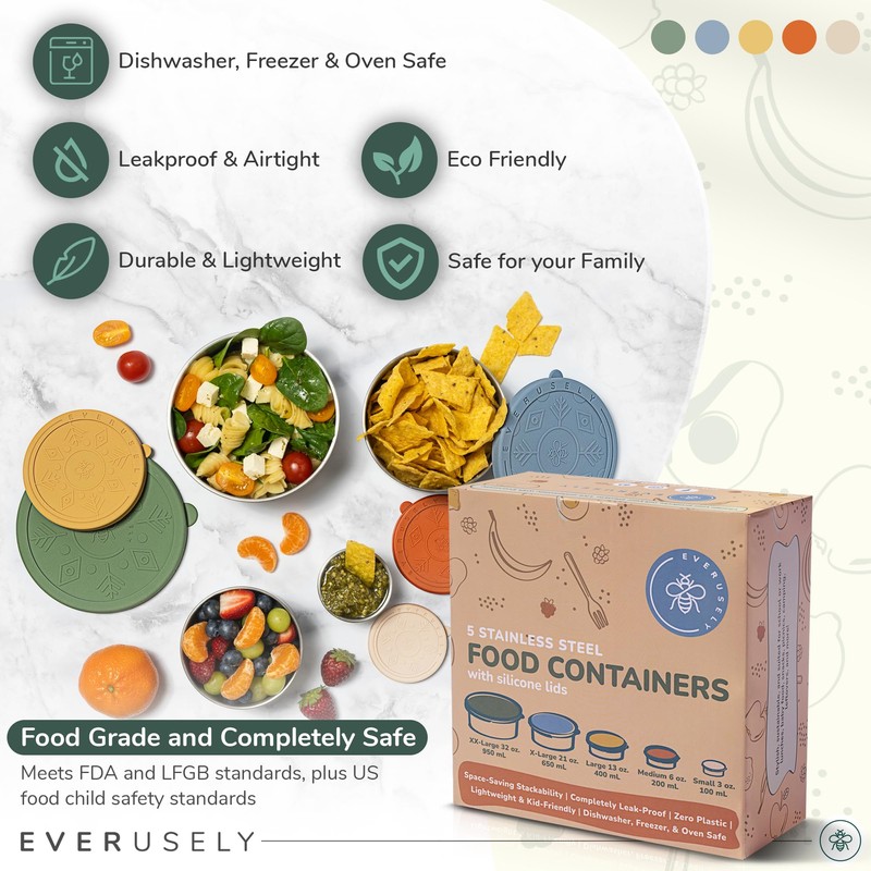 Everusely - Stainless Steel Containers with Lids - Set of