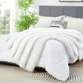 DREAMNINE Decorative Oversized Thick Fluffy Feather Faux Fur Throw Blanket 60" x 71", Extra Soft Long Shaggy Fuzzy Blanket, Reversible Warm Elegant Furry Blanket for Gift Wedding Bed, Twin Size, White