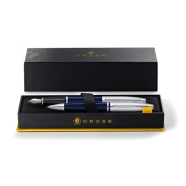 Cross Calais Ballpoint Pen and Fountain Pen Gift Set (M Line or Nib Size) Black Ink Colour Blue Lacquer Chrome