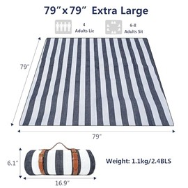 Manta de picnic de 79 x 79 pulgadas, extragrande, impermeable y plegable, manta de playa de 3 capas para 6 a 8 adultos, para camping, parque, playa, zacate, interior (Bule y rayas blancas)