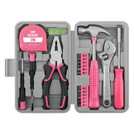 20 Pieces Home Tool Set, Basics Household Tool Kit with Small Mini Carrying Box for Men and Women DIY (Pink)