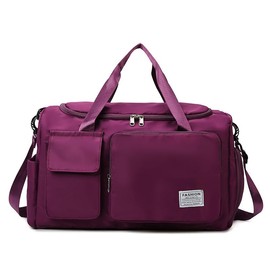 MINGRI Burgundy Foldable Travel Duffel Bag Gym Bag, Folding Travel Carry On Tote Bag with Trolley Sleeve, Sports Gym Bag with Shoe Compartment, Anti-wrinkle, Waterproof, 9 x 2 x 11 inches