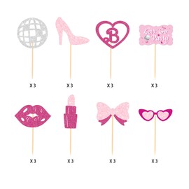 24Pcs Princess Cupcake Toppers Hot Pink Let's Go Party Lipstick Kiss High Heel Bow Tie Disco Cupcake Toppers for Princess Birthday Party Decoration Bachelorette Bridal Shower Baby Shower Wedding Party