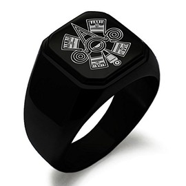 Black IP Plated Stainless Steel Aztec Ollin Third Eye Rune Symbol Square Flat Top Biker Style Polished Ring, Size 7
