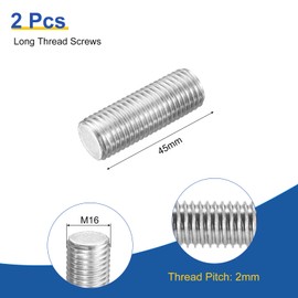 sourcing map M16x45mm Fully All Threaded Rod, 2Pcs 316 Stainless Steel Long Threaded Screw 2mm Thread Pitch Right Hand Threads for Furniture Mounting Assembly Fastening