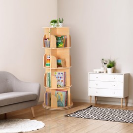OOOK Rotating Bookshelf for Kids & Adults, Spinning Bookshelf Tower with Large Capacity for Small Space, 360° Display 4 Tier Floor Small Round Corner Shelf for Library, Bedroom, Living Room, Office