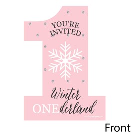 Big Dot of Happiness Pink Onederland - Shaped Fill-in Invitations - Holiday Snowflake Winter Wonderland Birthday Party Invitation Cards with Envelopes - Set of 12