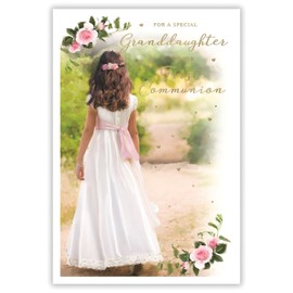 ICG Granddaughter First Holy Communion Congratulations Card - Communion Congratulations Card with Artistic Girl in White Dress Design and Foil Details