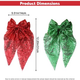 Big Hair Bows for Girls Women, 2 Pcs Black Silver Gold Red Green Sparkling Sequin Hair Bow Clips,16x33 Girls Bow for Hair, Large Hair Clips for Bows for Women (Red Green)